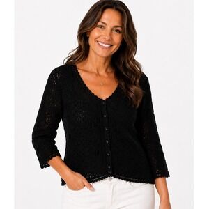 Bay Studio Black Crochet Floral Cardigan V-Neck 3/4 Sleeve Button Front Large